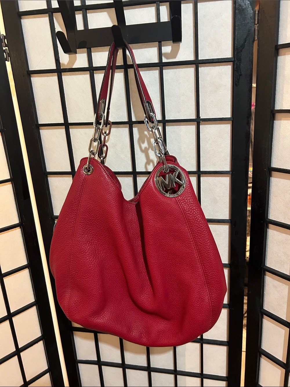 Michael Kors Pink-Red Pebbled Leather Shoulder Bag with Silver Hardware